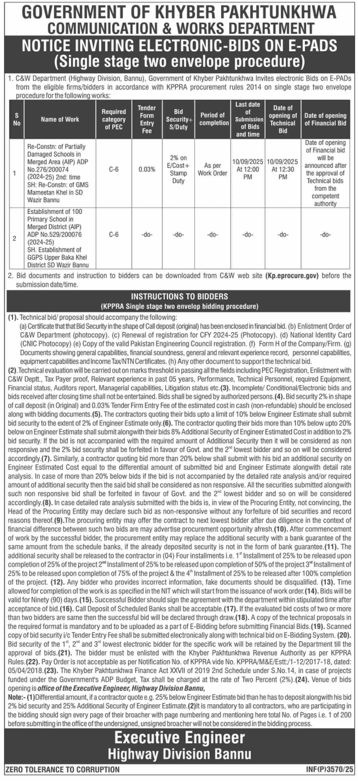 Communication & Works Department KPK Tender Notice